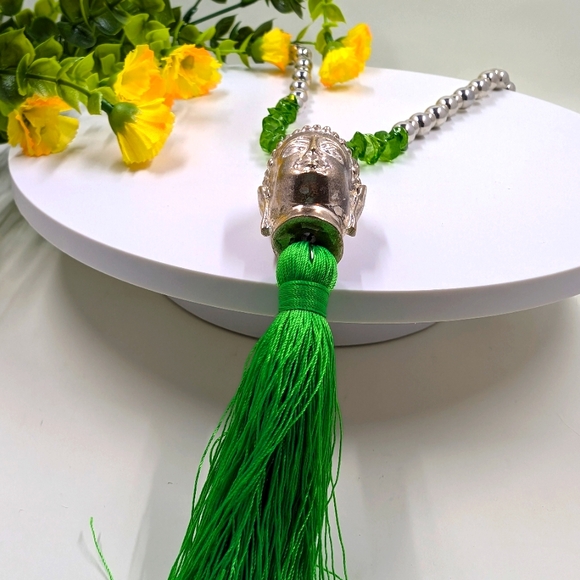 Green Chrome Tourmaline Chip Long Buddha Pendant Vintage Necklace with Tassel - Picture 3 of 6